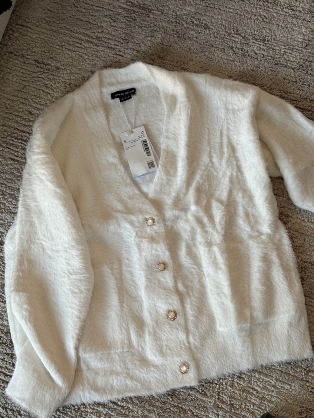 Warm Ivory Fuzzy Cardigan with Pearl Buttons